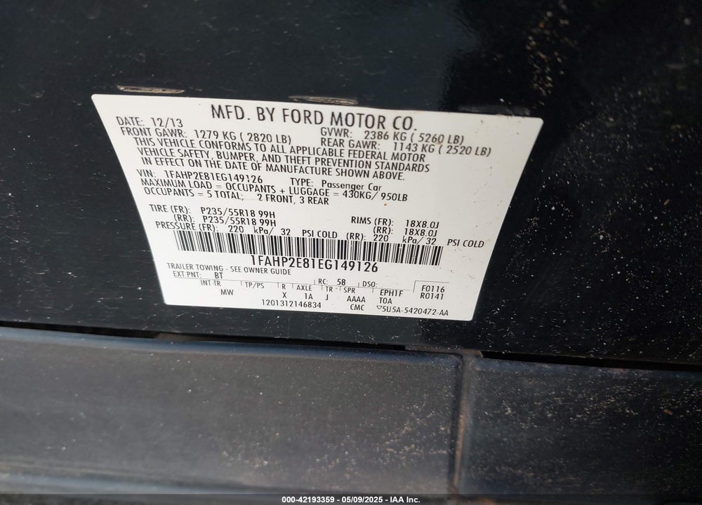2014 FORD TAURUS VIN: 1FAHP2E81EG149126