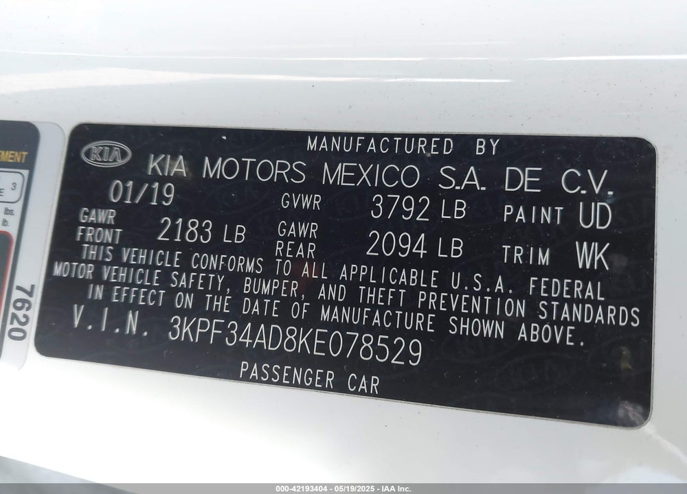 2019 KIA FORTE VIN: 3KPF34AD8KE078529
