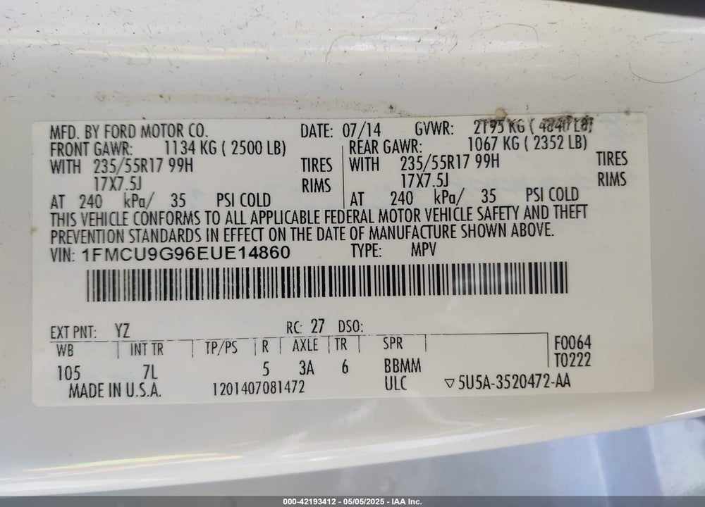2014 FORD ESCAPE SE VIN: 1FMCU9G96EUE14860