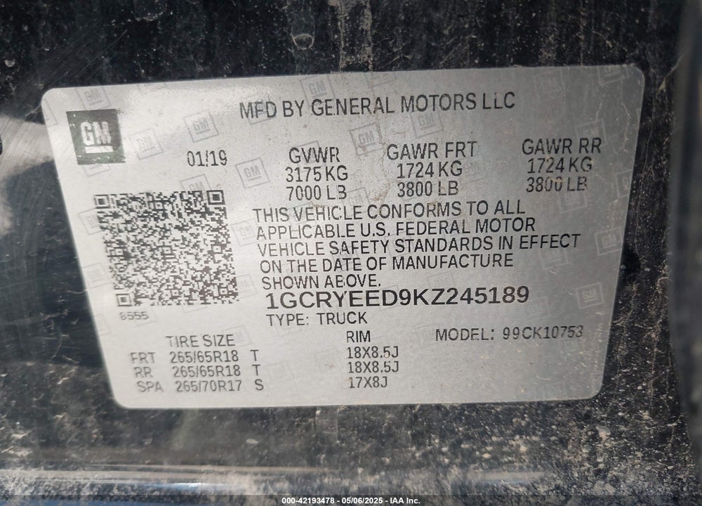 2019 CHEVROLET SILVERADO 1500 VIN: 1GCRYEED9KZ245189