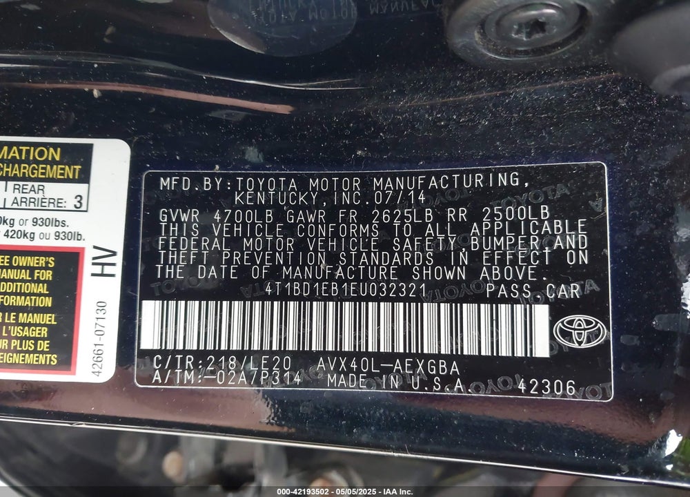 2014 TOYOTA AVALON HYBRID XLE TOURING VIN: 4T1BD1EB1EU032321
