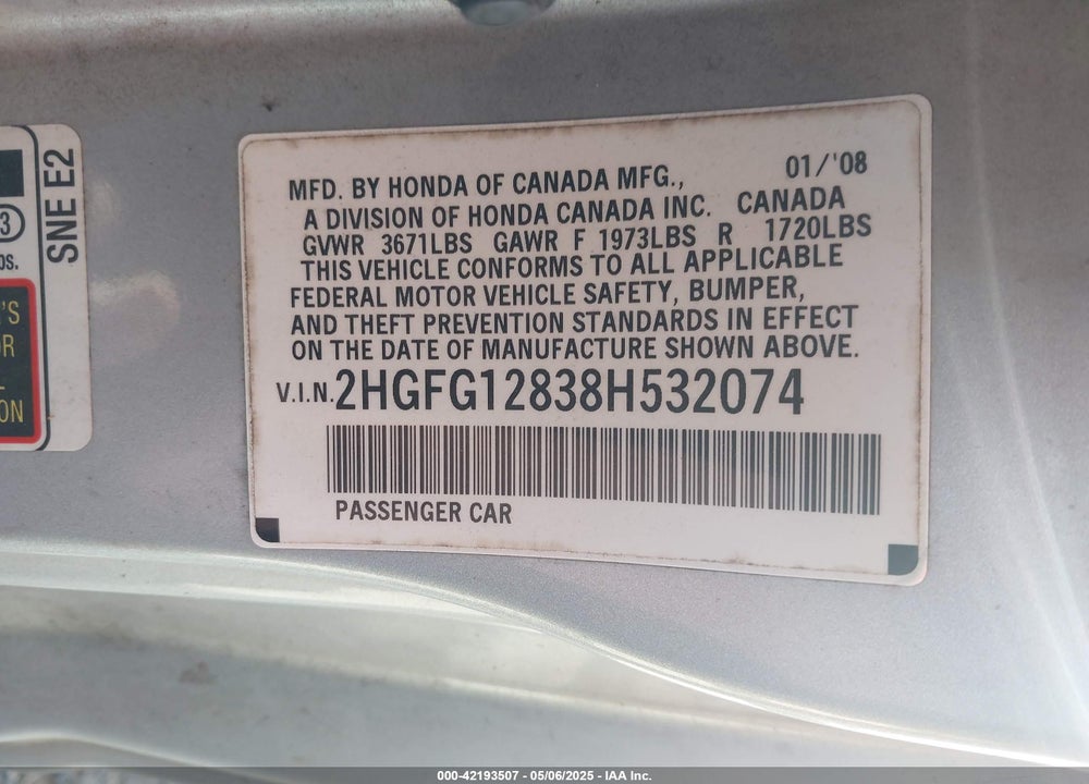 2008 HONDA CIVIC VIN: 2HGFG12838H532074