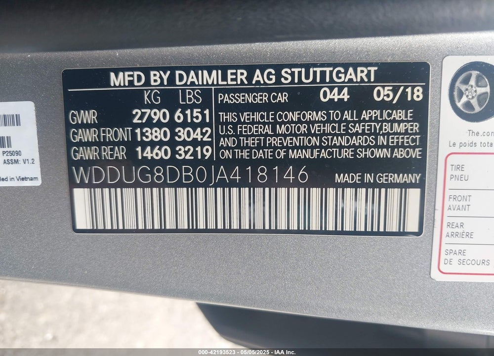 2018 MERCEDES-BENZ S CLASS VIN: WDDUG8DB0JA418146