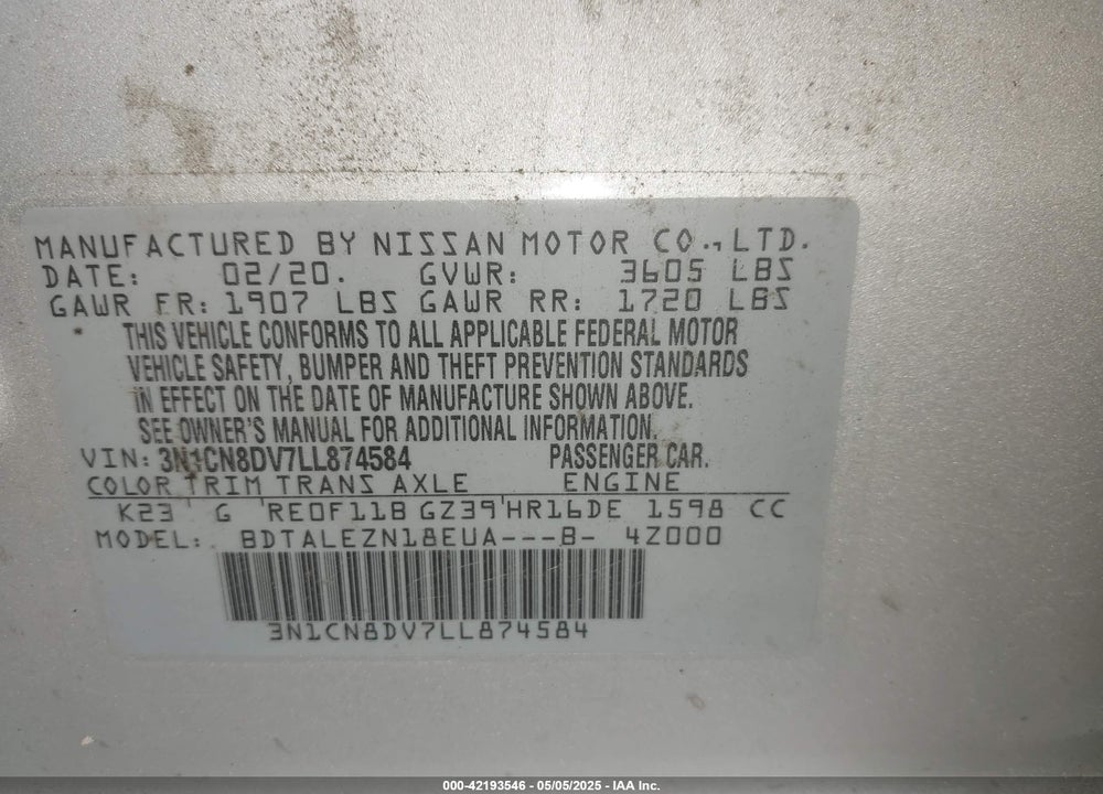 2020 NISSAN VERSA VIN: 3N1CN8DV7LL874584