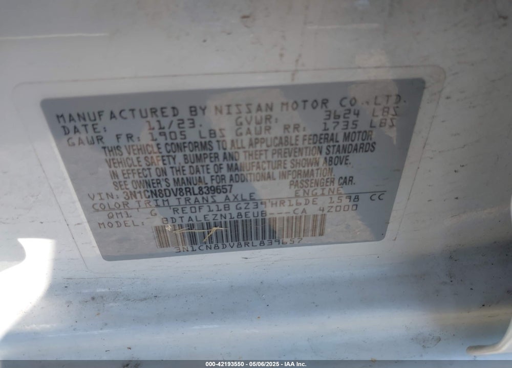 2024 NISSAN VERSA VIN: 3N1CN8DV8RL839657