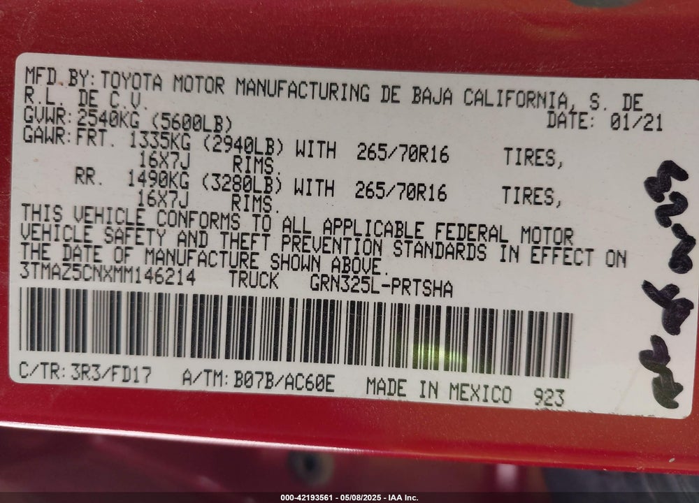2021 TOYOTA TACOMA VIN: 3TMAZ5CNXMM146214