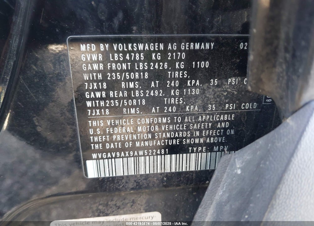 2010 VOLKSWAGEN TIGUAN SEL VIN: WVGAV9AX9AW522481