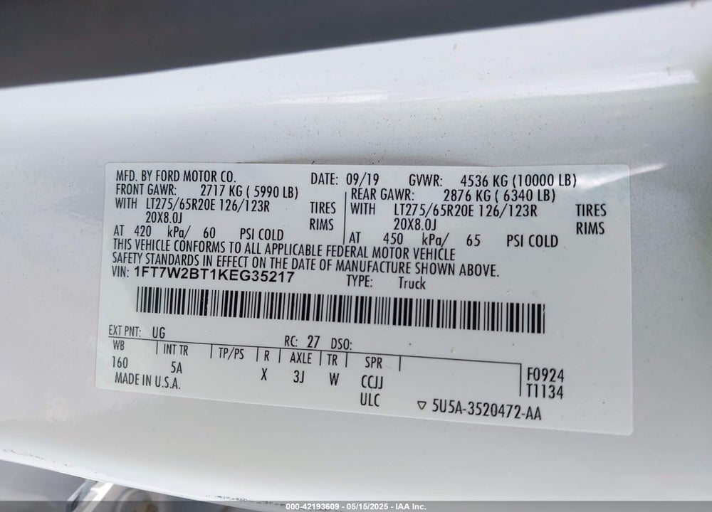 2019 FORD F-250 LARIAT VIN: 1FT7W2BT1KEG35217