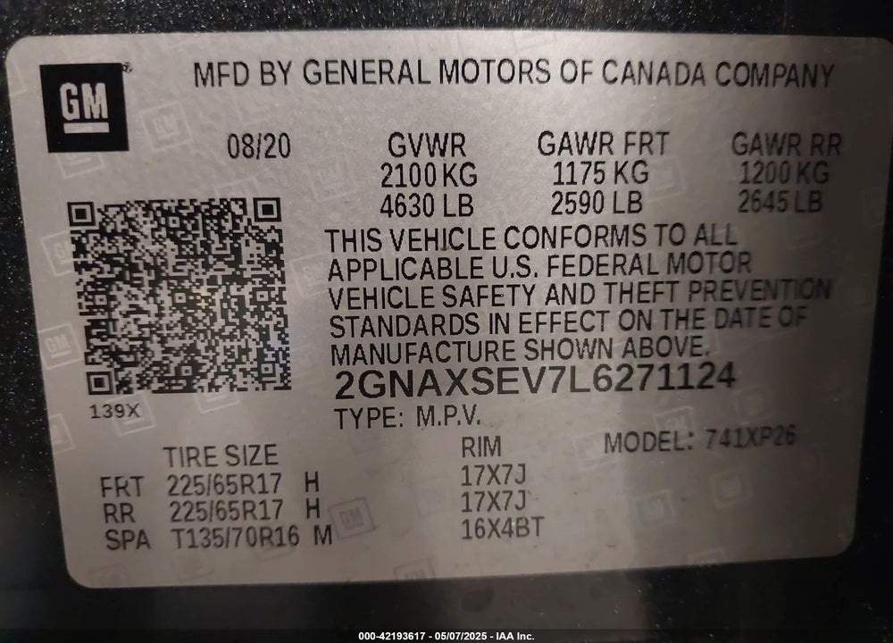 2020 CHEVROLET EQUINOX VIN: 2GNAXSEV7L6271124