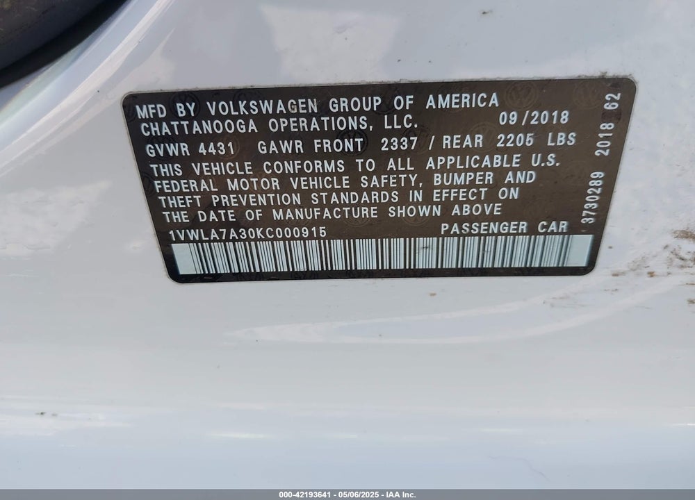 2019 VOLKSWAGEN PASSAT VIN: 1VWLA7A30KC000915