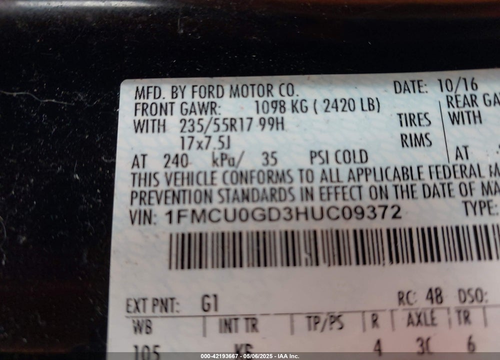 2017 FORD ESCAPE SE VIN: 1FMCU0GD3HUC09372