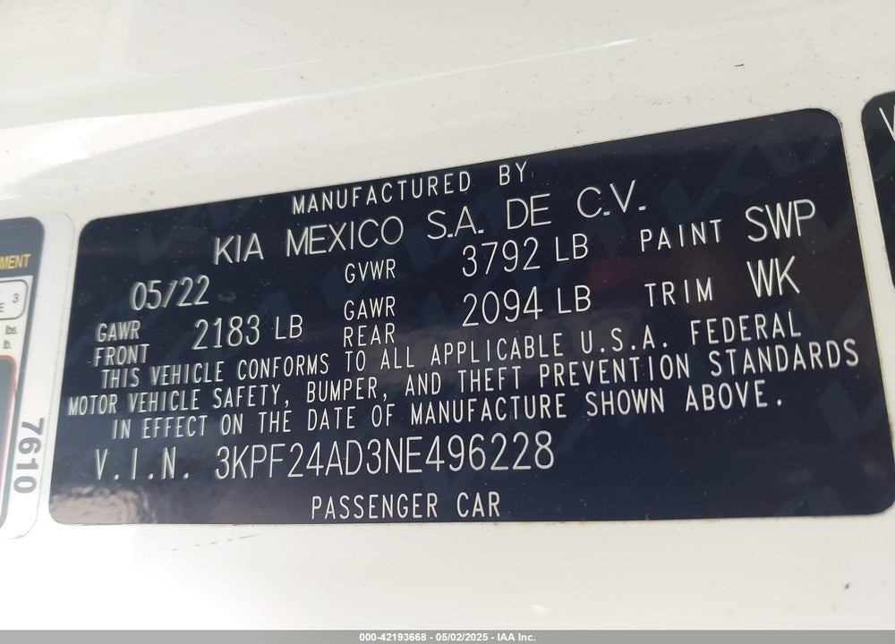 2022 KIA FORTE LXS VIN: 3KPF24AD3NE496228