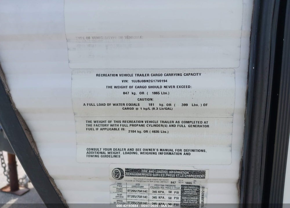2016 JAYCO OTHER VIN: 1UJBJ0BN2G17V0194