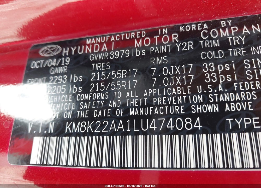 2020 HYUNDAI KONA SEL VIN: KM8K22AA1LU474084