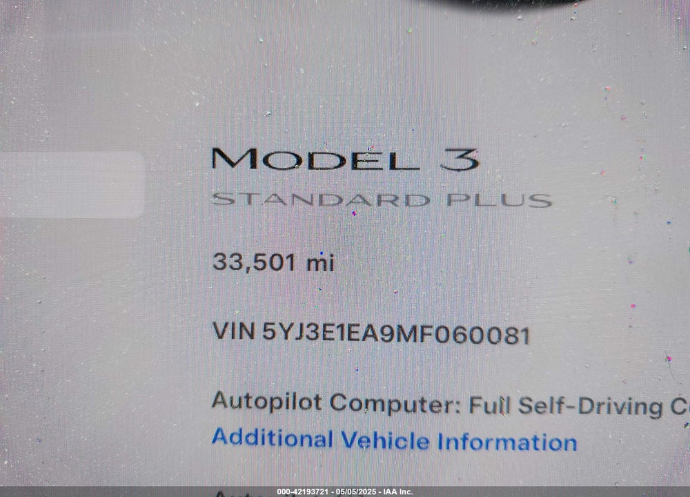 2021 TESLA MODEL 3 STANDARD RANGE PLUS REAR-WHEEL DRIVE VIN: 5YJ3E1EA9MF060081