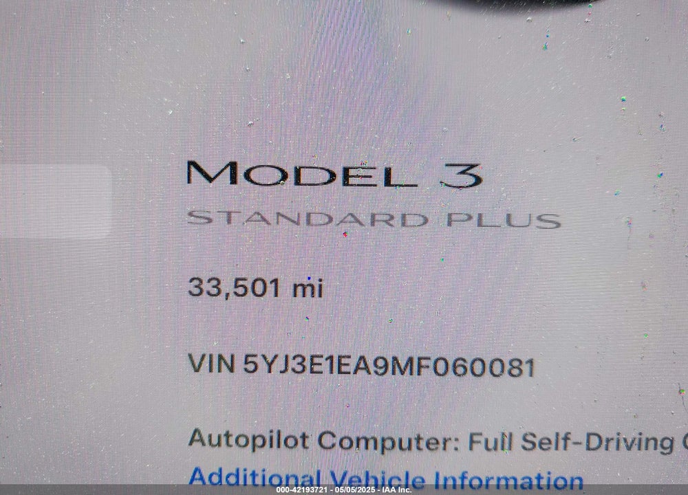 2021 TESLA MODEL 3 STANDARD RANGE PLUS REAR-WHEEL DRIVE VIN: 5YJ3E1EA9MF060081
