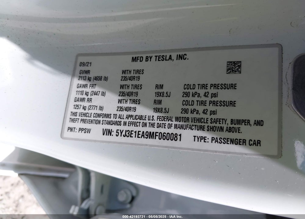 2021 TESLA MODEL 3 STANDARD RANGE PLUS REAR-WHEEL DRIVE VIN: 5YJ3E1EA9MF060081