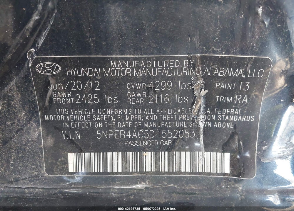 2013 HYUNDAI SONATA VIN: 5NPEB4AC5DH552053