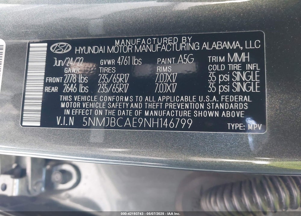 2022 HYUNDAI TUCSON VIN: 5NMJBCAE9NH146799