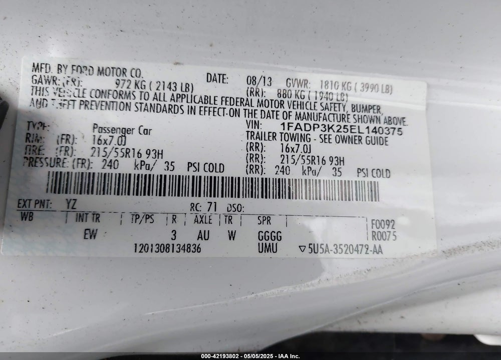 2014 FORD FOCUS VIN: 1FADP3K25EL140375