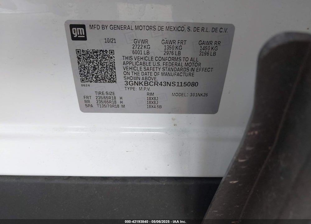 2022 CHEVROLET BLAZER FWD 2LT VIN: 3GNKBCR43NS115080