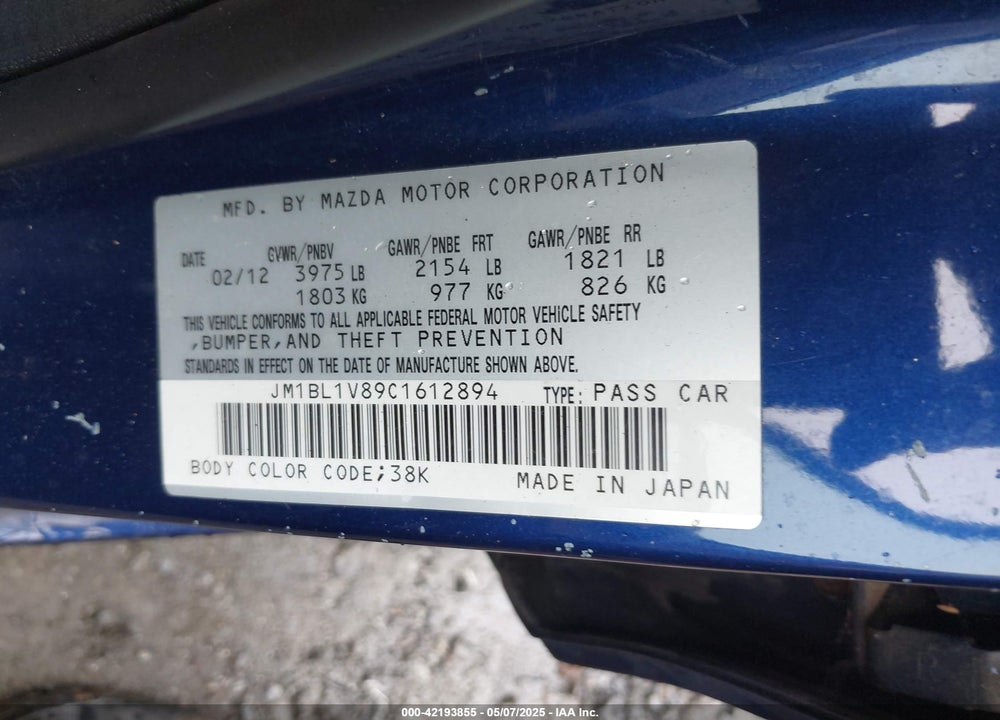 2012 MAZDA 3 VIN: JM1BL1V89C1612894