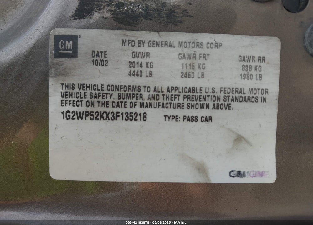 2003 PONTIAC GRAND PRIX VIN: 1G2WP52KX3F135218