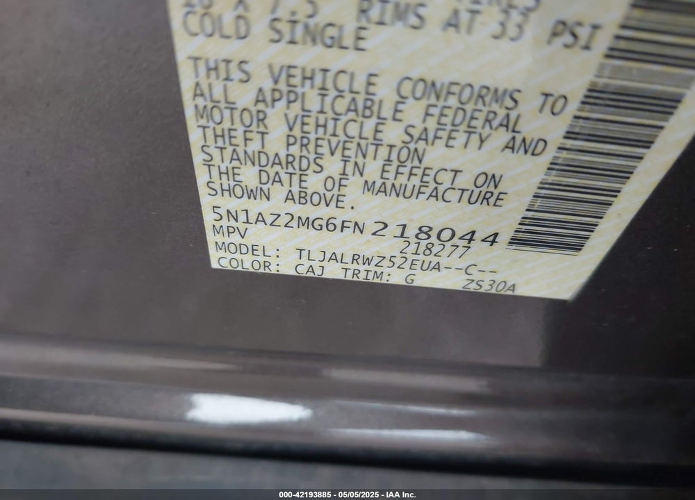 2015 NISSAN MURANO SL VIN: 5N1AZ2MG6FN218044