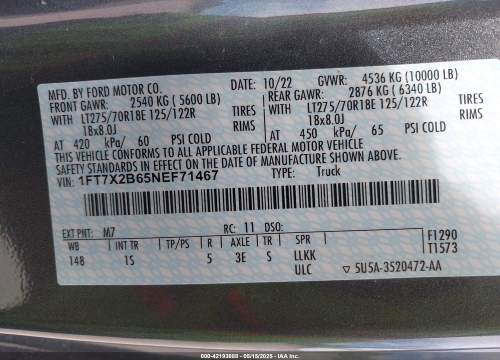 2022 FORD F-250 VIN: 1FT7X2B65NEF71467