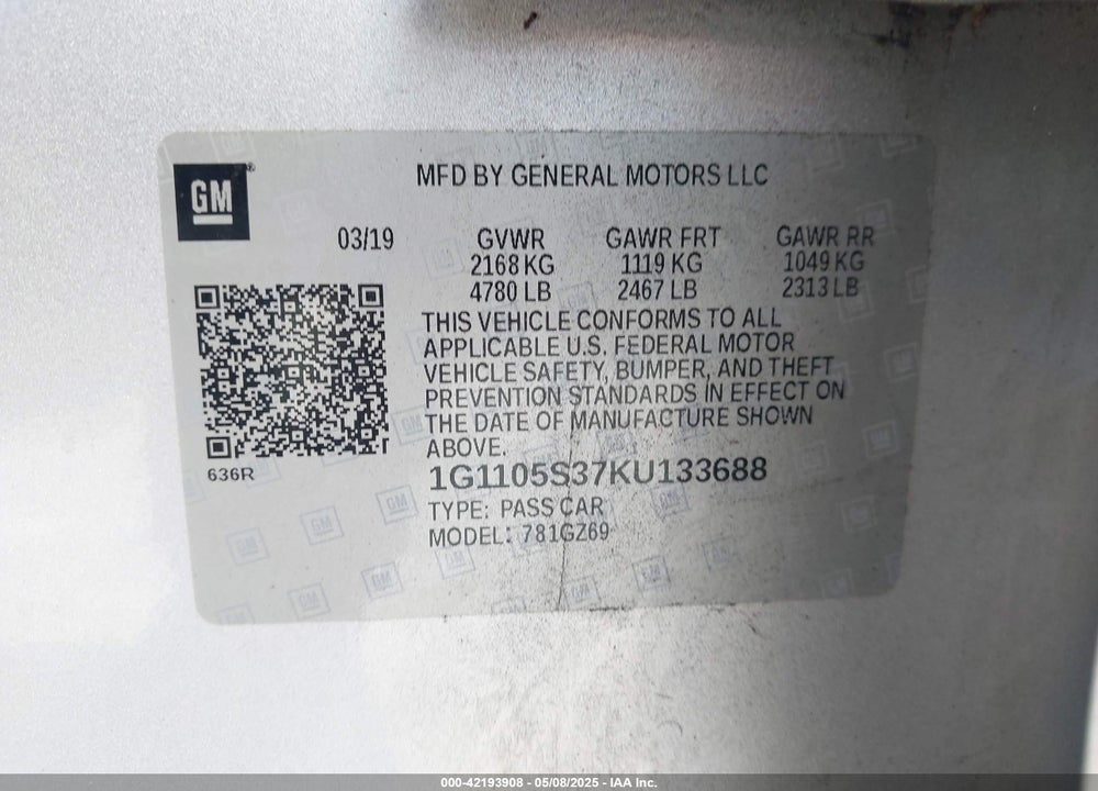 2019 CHEVROLET IMPALA VIN: 1G1105S37KU133688