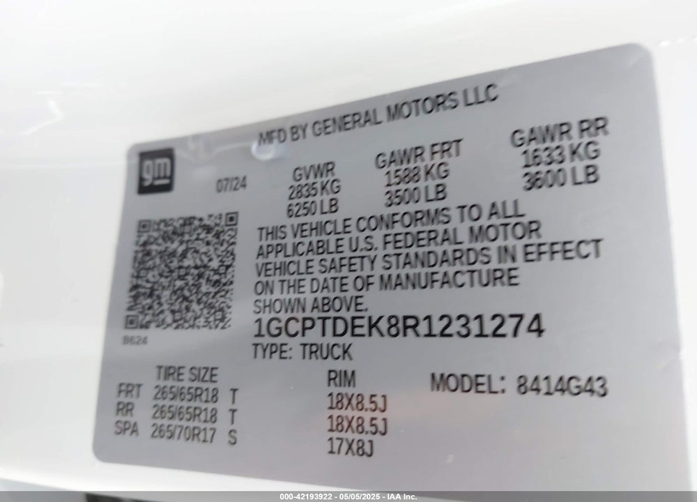 2024 CHEVROLET COLORADO VIN: 1GCPTDEK8R1231274
