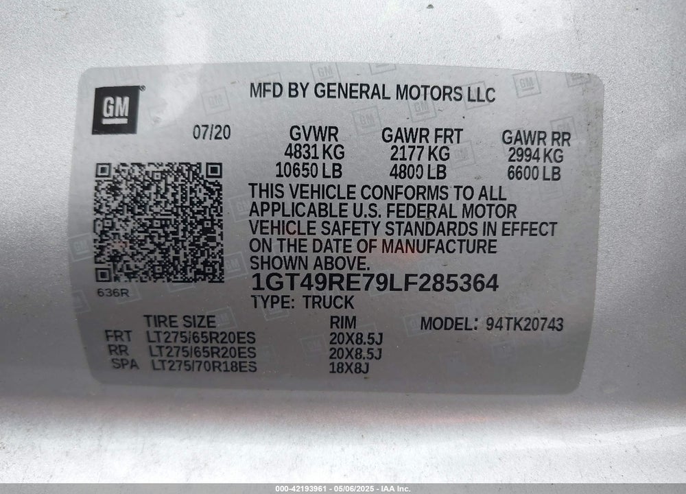 2020 GMC SIERRA VIN: 1GT49RE79LF285364