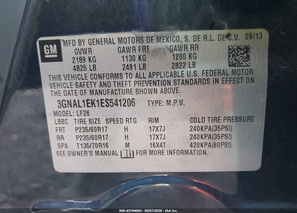2014 CHEVROLET CAPTIVA SPORT VIN: 3GNAL1EK1ES541206