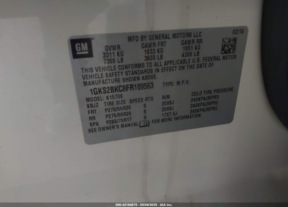 2015 GMC YUKON SLT VIN: 1GKS2BKC8FR109563