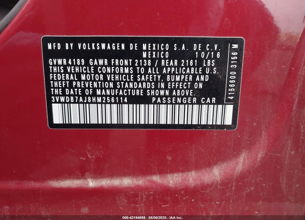 2017 VOLKSWAGEN JETTA 1.4T SE VIN: 3VWDB7AJ8HM256114
