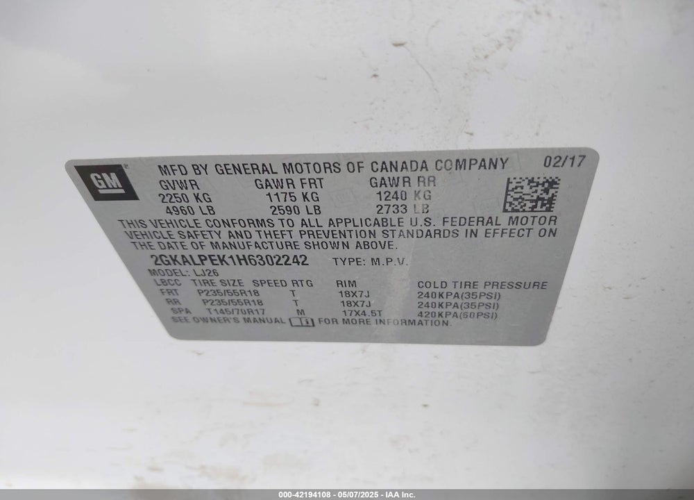 2017 GMC TERRAIN VIN: 2GKALPEK1H6302242