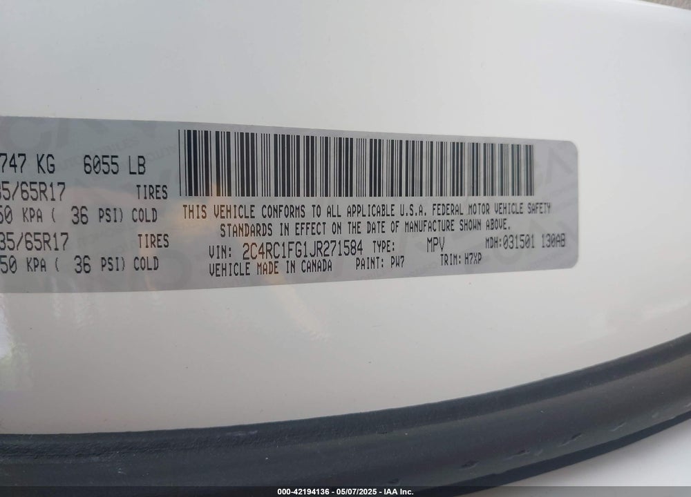 2018 CHRYSLER PACIFICA VIN: 2C4RC1FG1JR271584