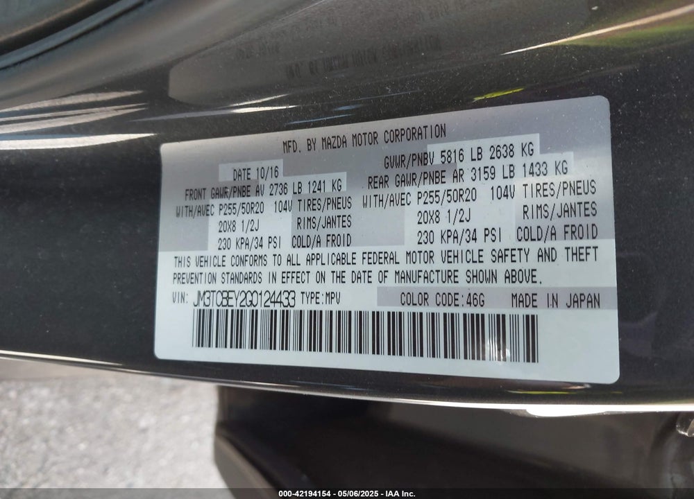2016 MAZDA CX-9 SIGNATURE VIN: JM3TCBEY2G0124433