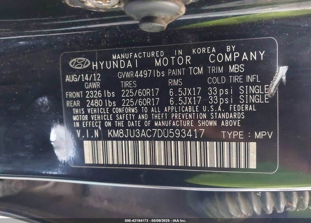 2013 HYUNDAI TUCSON GLS VIN: KM8JU3AC7DU593417