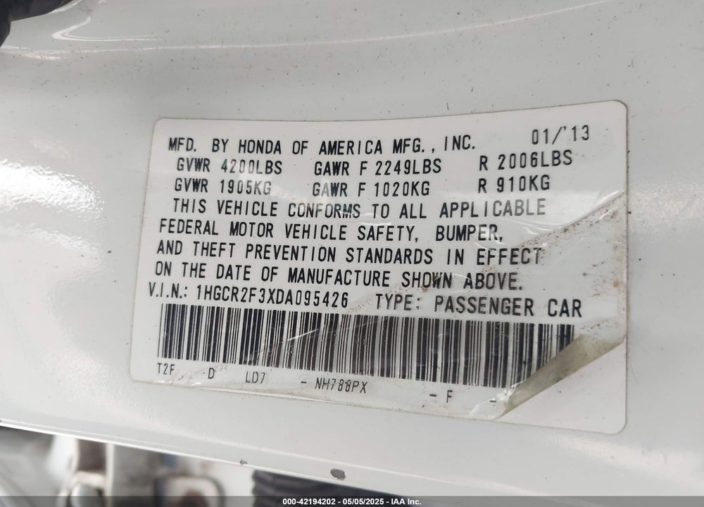2013 HONDA ACCORD LX VIN: 1HGCR2F3XDA095426
