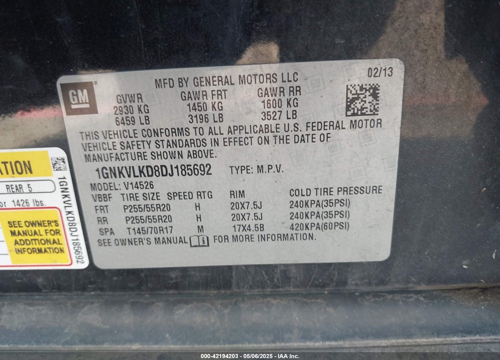2013 CHEVROLET TRAVERSE LTZ VIN: 1GNKVLKD8DJ185692