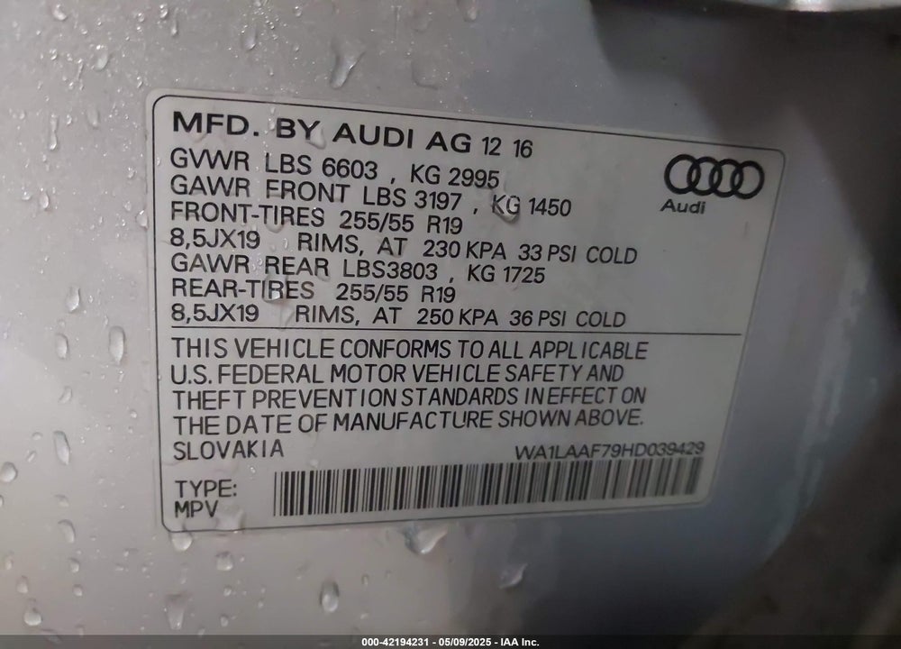 2017 AUDI Q7 VIN: WA1LAAF79HD039429