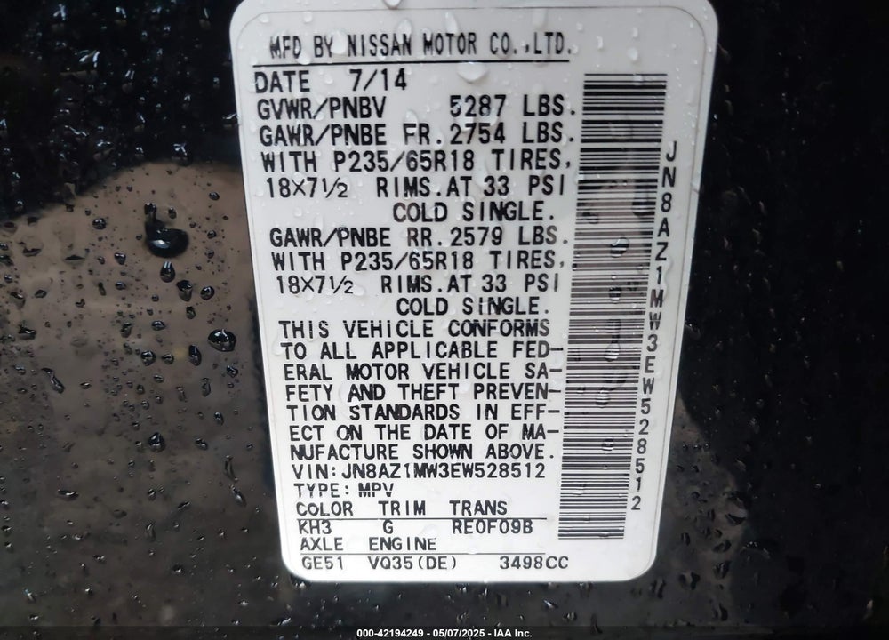2014 NISSAN MURANO VIN: JN8AZ1MW3EW528512