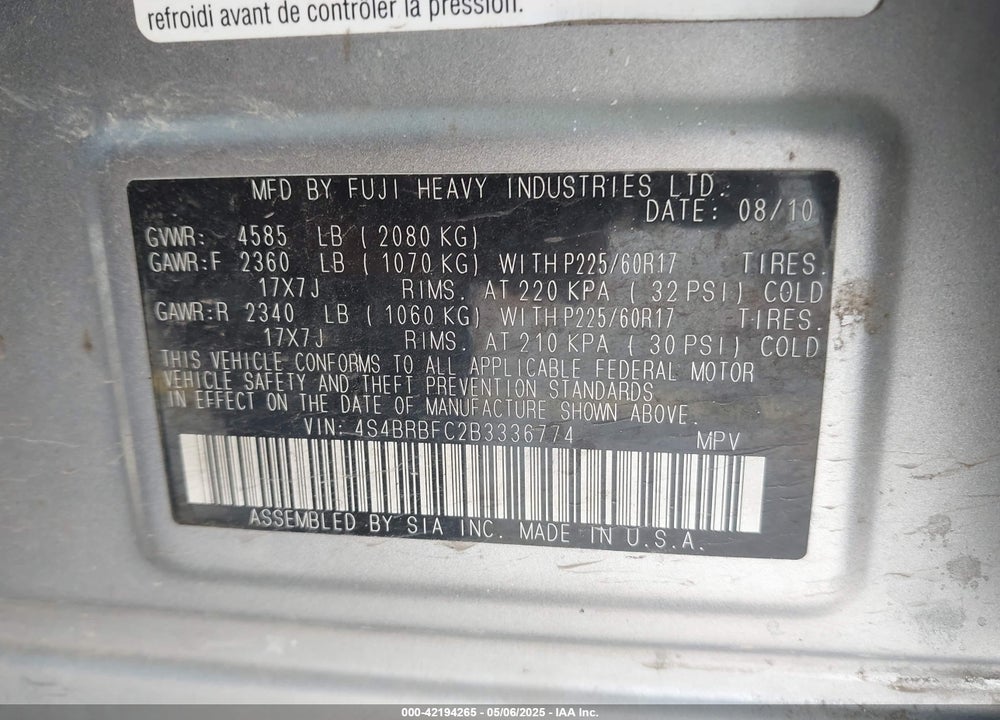 2011 SUBARU OUTBACK VIN: 4S4BRBFC2B3336774