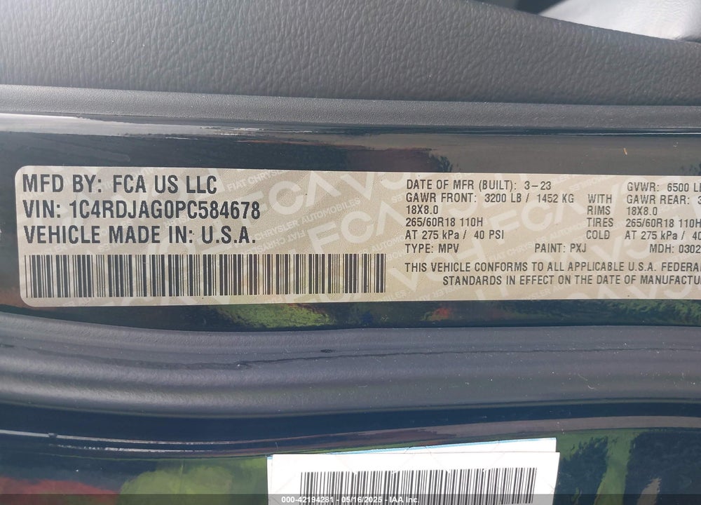 2023 DODGE DURANGO VIN: 1C4RDJAG0PC584678