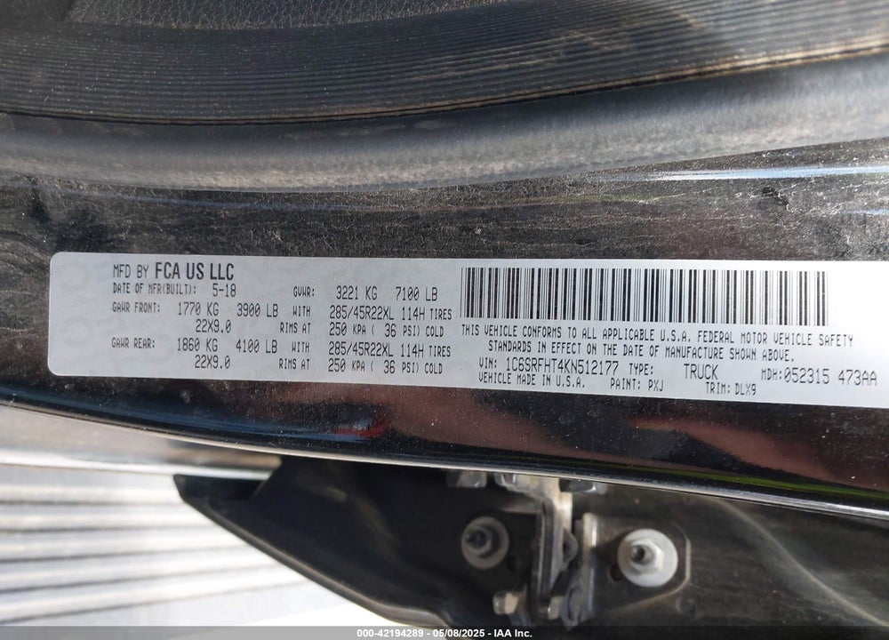 2019 RAM 1500 VIN: 1C6SRFHT4KN512177