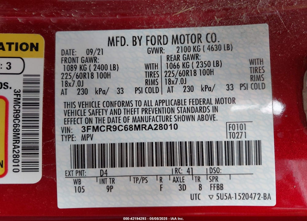 2021 FORD BRONCO SPORT VIN: 3FMCR9C68MRA28010
