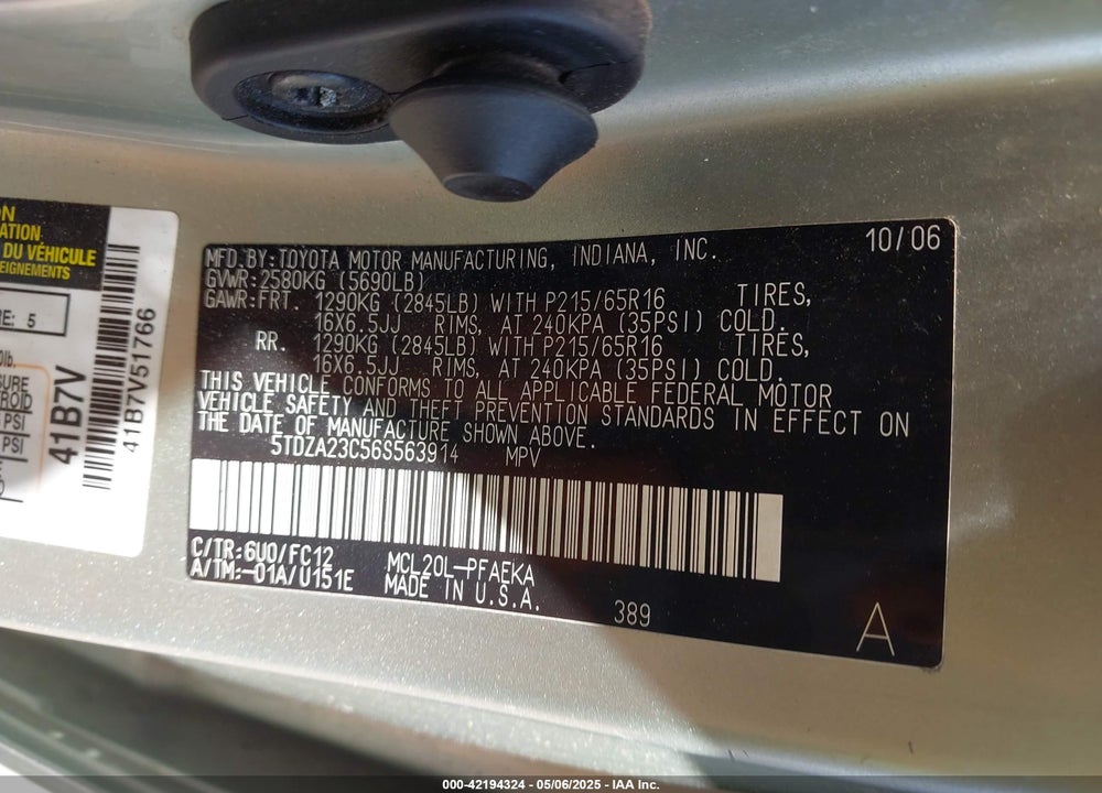 2006 TOYOTA SIENNA VIN: 5TDZA23C56S563914