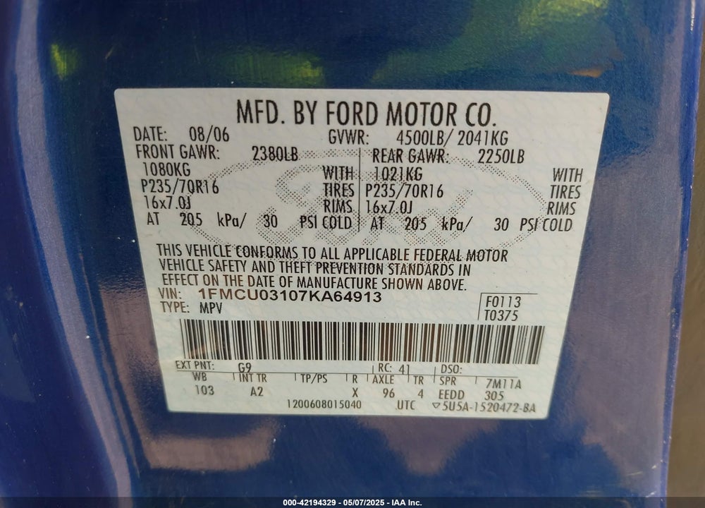 2007 FORD ESCAPE VIN: 1FMCU03107KA64913