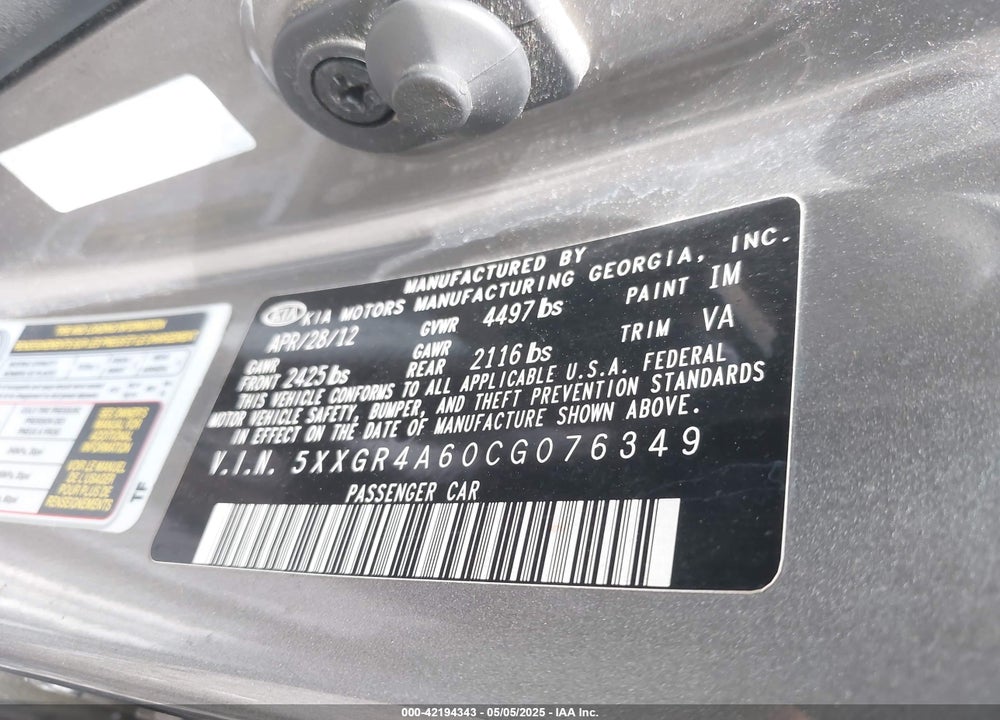 2012 KIA OPTIMA VIN: 5XXGR4A60CG076349